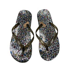 Flawed Metallic Silver Multicolor Leopard Print Glitter Flip Flops Sandals Size7